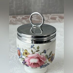 Royal Worcester England Floral Porcelain Egg Coddler Chrome Plated Screw-on Lid